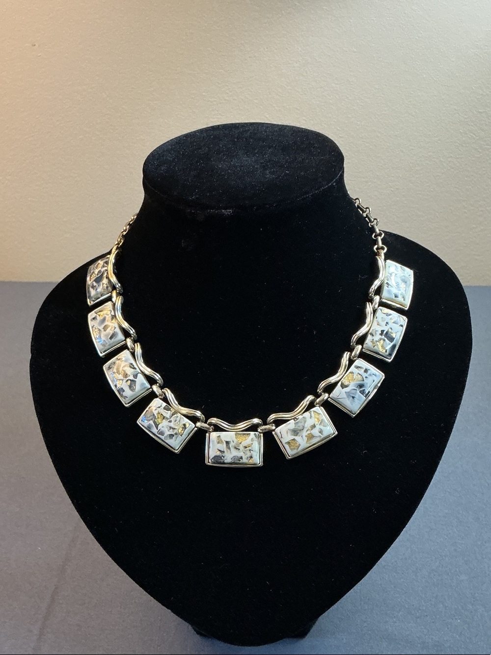 Coro Gold-Tone Necklace with White and Gold Marbled Tiles